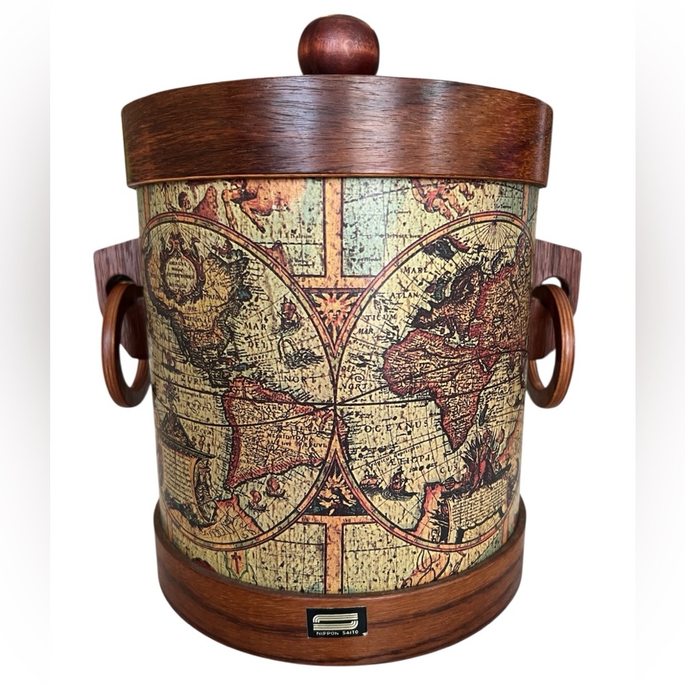 Vintage Old World Map Ice Bucket with Wooden Tongs, Nippon Saito - Picture 8 of 9